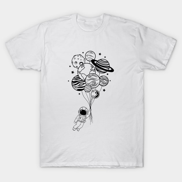 Astronaut Flying with Planet Balloons T-Shirt by Lite Style Designs